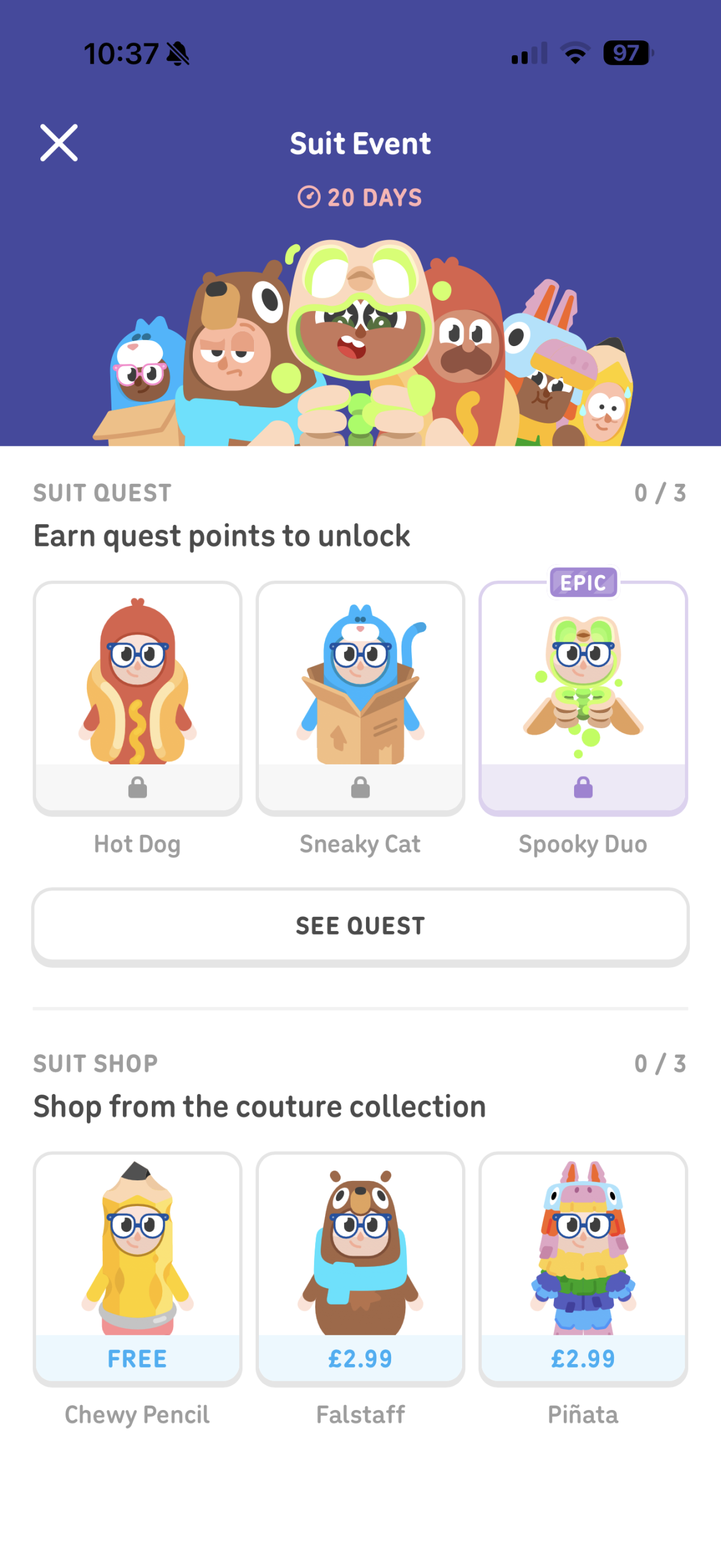 Freepaid progression Mobile game lobby suit event with 20 days banner and three quest cards hot dog sneaky cat spooky duo and a see quest button at bottom of the white panel
