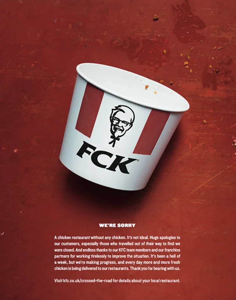 Kfc apology poster showing a white cup with red stripes on a red background and were sorry text describing restaurant closures