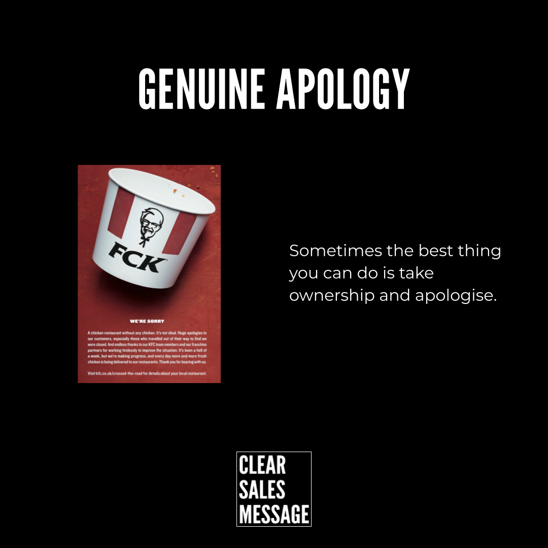 Black poster featuring a large genuine apology headline left shows a kfc bucket image right displays the message about taking ownership and apologising bottom clear sales message logo