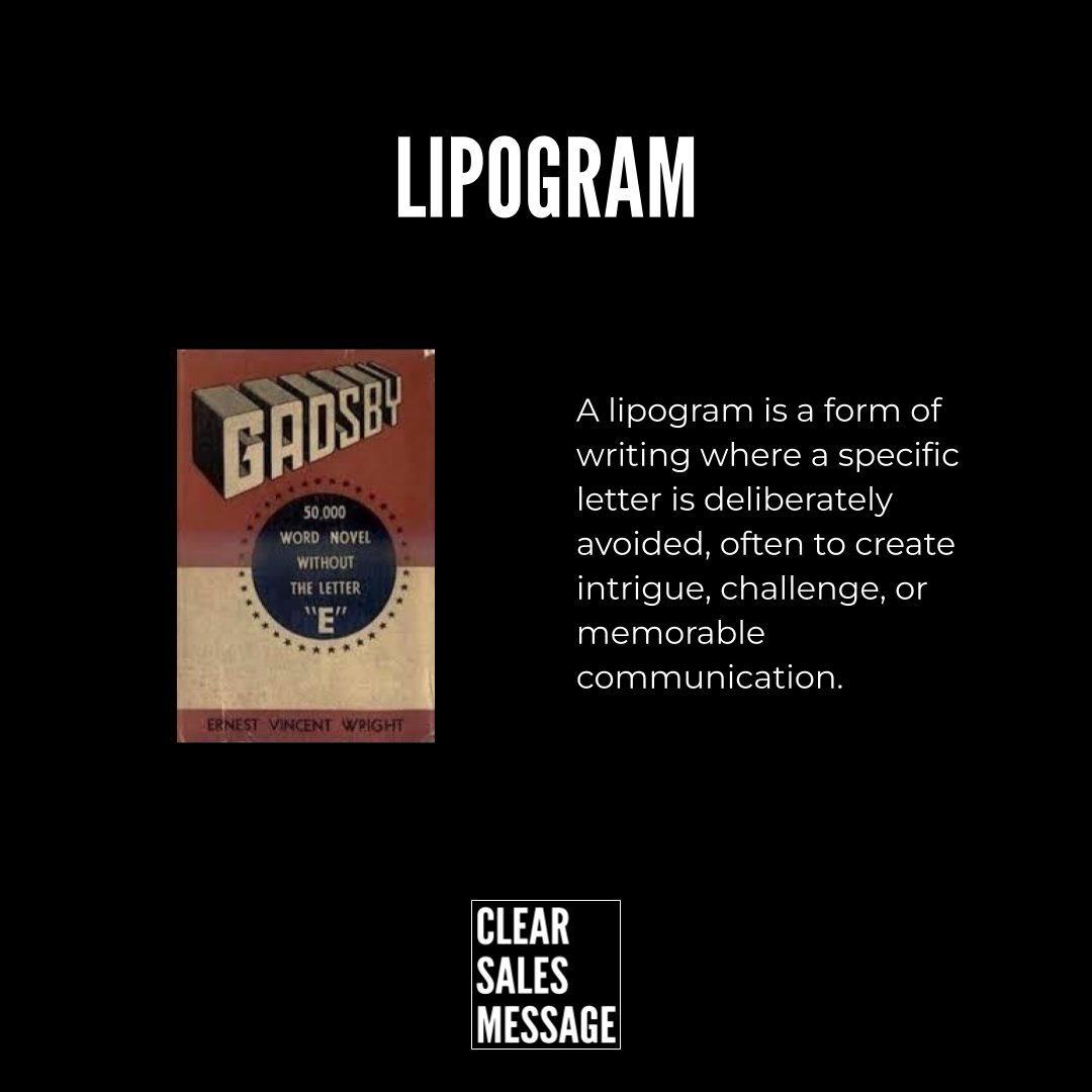 Slide titled lipogram featuring a book cover gadsby on the left and a definition paragraph on the right small clear sales message logo below