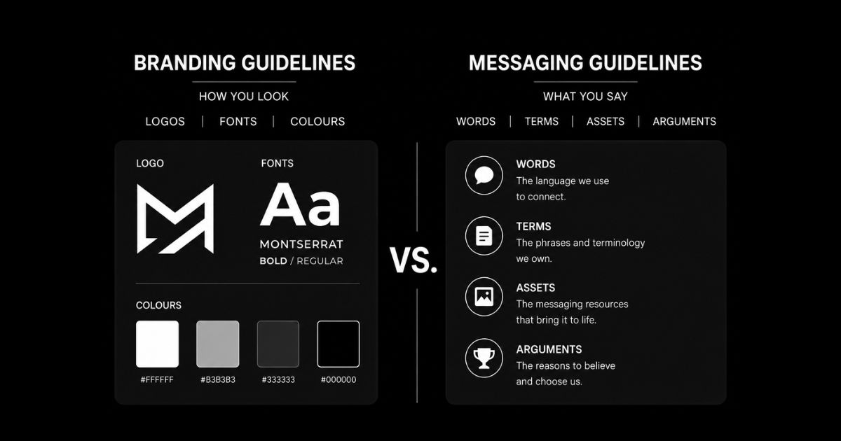 Messaging guidelines sales messaging clear sales message™ Two column infographic on a black background branding guidelines on the left with a logo mark montserrat font sample and a fourcolor swatch with hex codes messaging guidelines on the right with icon list words terms assets arguments