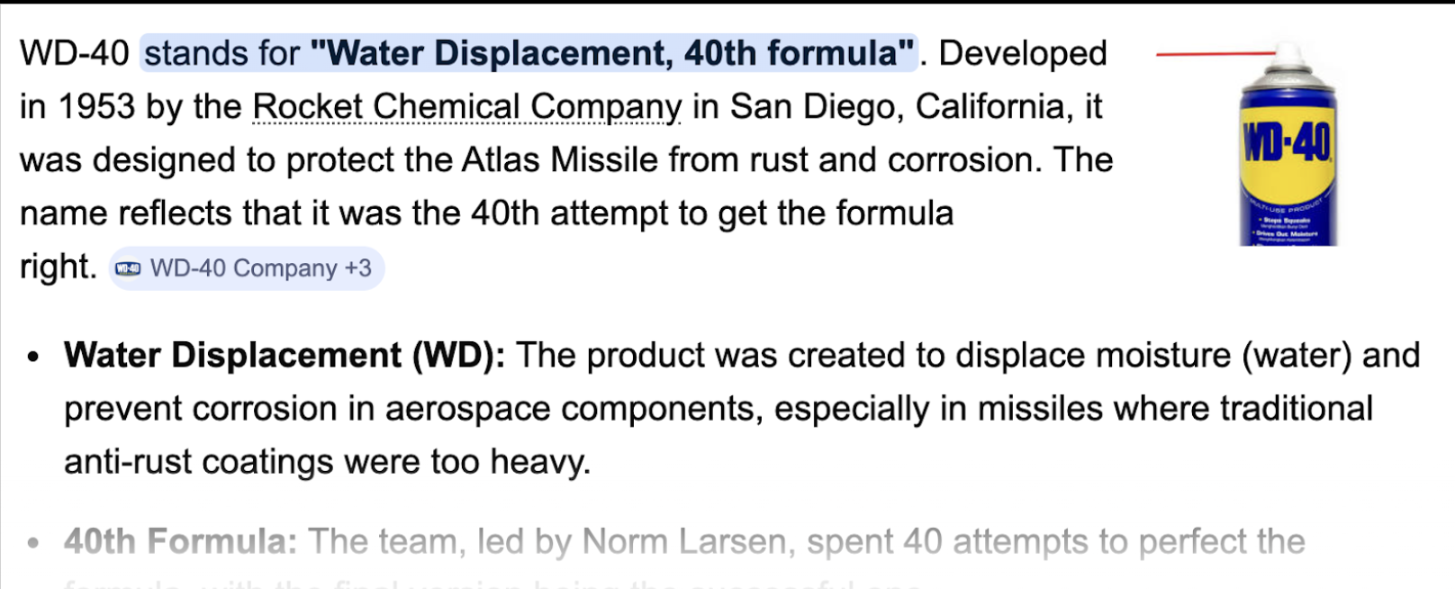 Screenshot 2026 05 02 at 230928 Informational slide wd 40 stands for water displacement 40th formula with a wd 40 can on the right