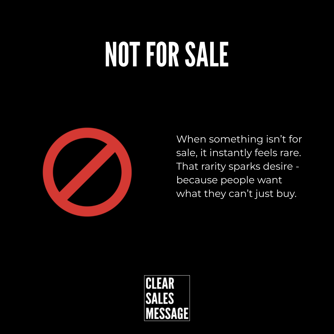 Black poster with the bold words not for sale at the top a red no entry symbol on the left descriptive text on the right and a clear sales message logo at the bottom center