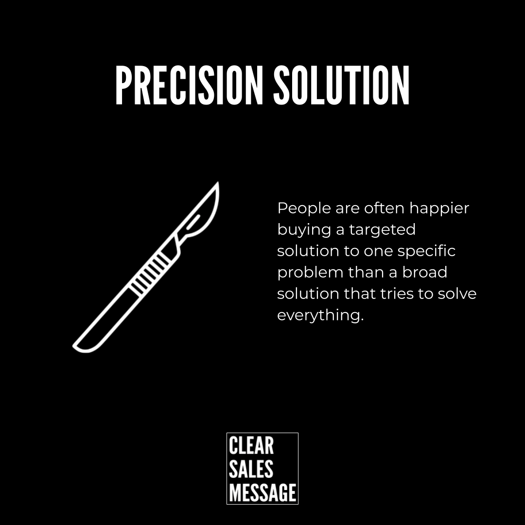 Dark hero with precision solution headline white tool icon on the left and copy about targeted solutions clear sales message logo bottom center
