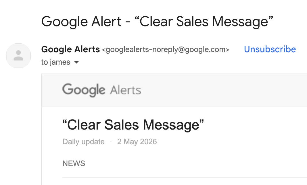 Screenshot of a google alerts email about a clear sales message news alert dated may 2 2026