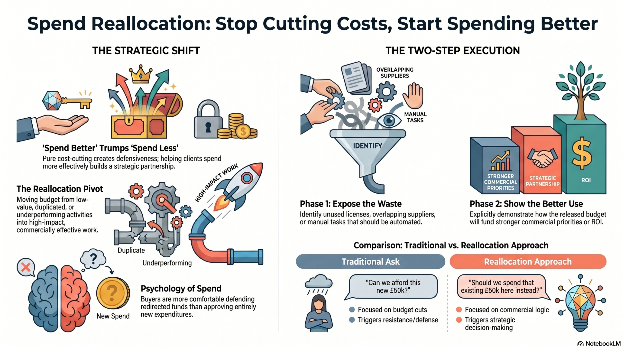 Infographic about reallocating spend strategic shift and two step execution with icons of keys treasure chest lock and roi bars