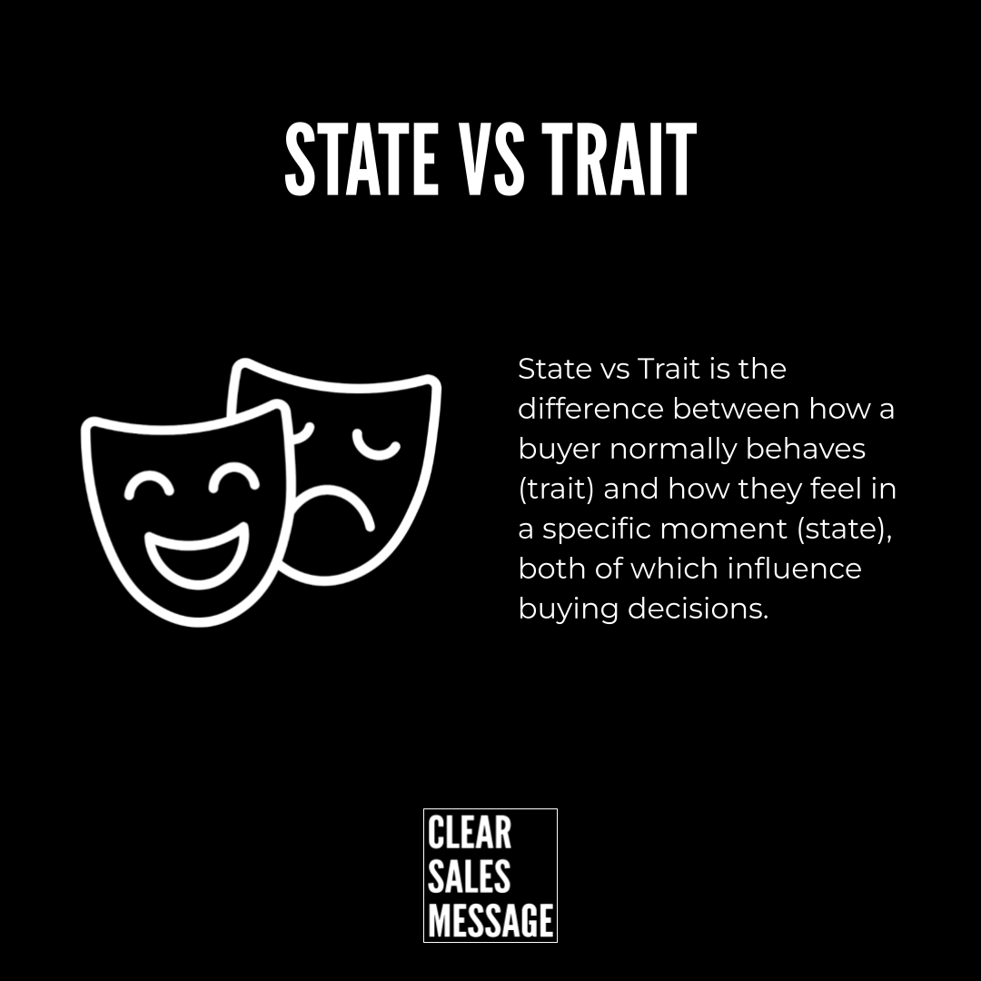 State vs trait Slide titled state vs trait with two theater masks on the left and explanatory text on the right clear sales message logo below