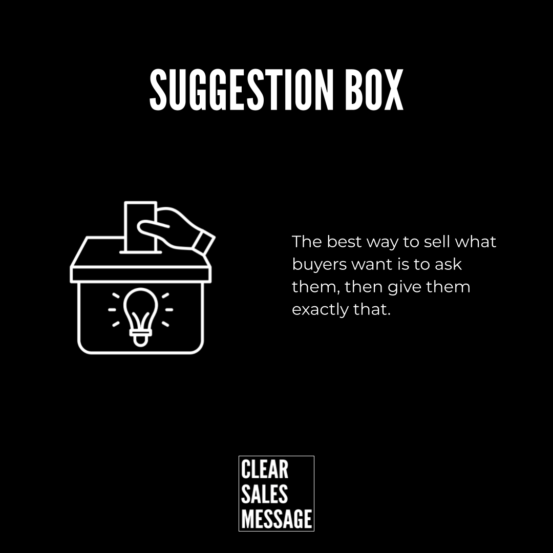 Black background with the heading suggestion box a white line drawing of a hand dropping a card into a box with a lightbulb and a right aligned paragraph about asking buyers what they want