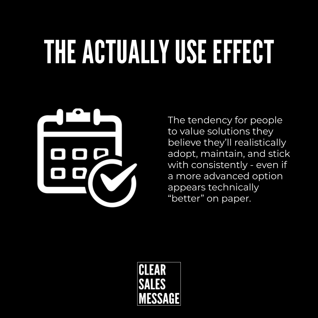 Slide titled the actually use effect with a calendar icon and checkmark on the left and explanatory text on the right small clear sales message logo at the bottom