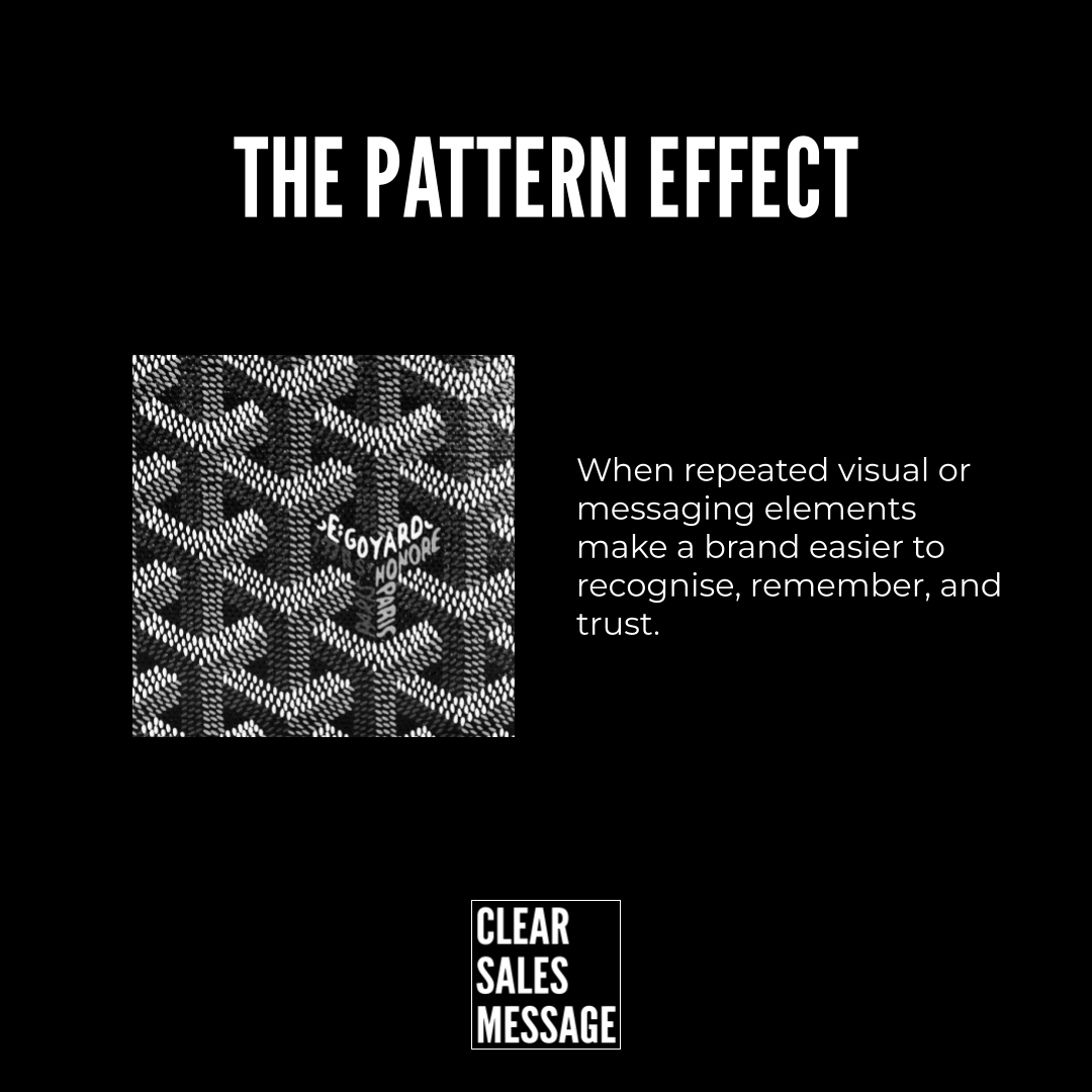 the pattern effect slide a black background with a left square of black and white geometric pattern and on the right the text when repeated visual or messaging elements make a brand easier to recognise remember and trust  a clear sales message logo appears at the bottom center