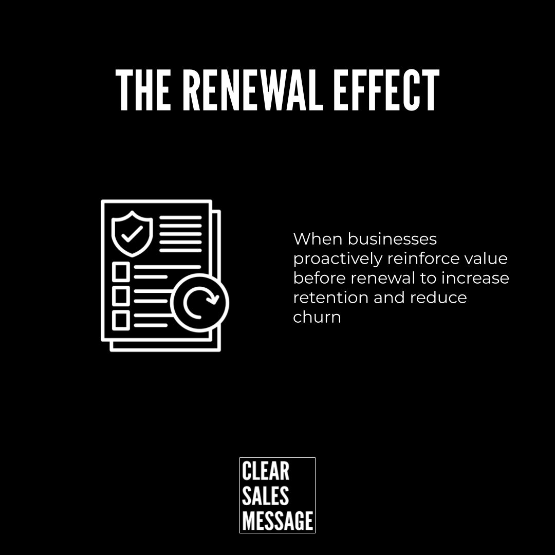 Banner reading the renewal effect with a white document icon and a paragraph about reinforcing value before renewal to boost retention and reduce churn