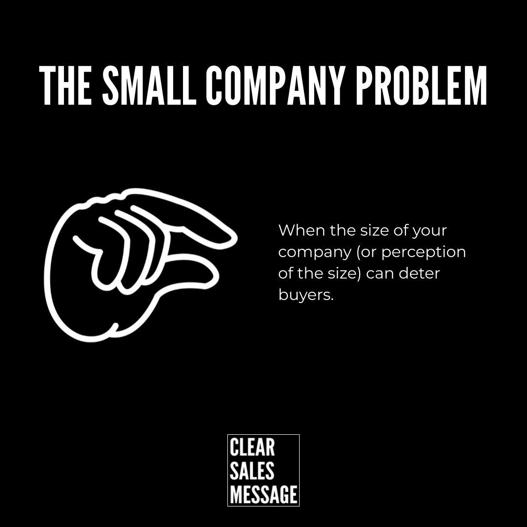 Poster with title the small company problem a white outline pointing hand and text about company size deterring buyers bottom clear sales message logo