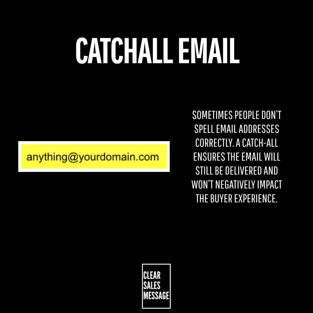 Catchall email Black slide that says catchall email with a yellow highlighted email address anythingyourdomain Com on the left and a paragraph about catch all delivering emails on the right plus a white clear sales message logo at the bottom