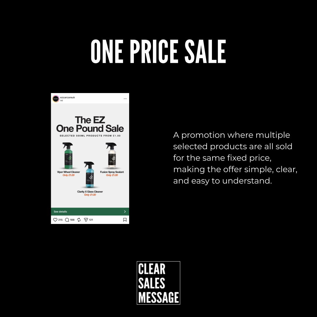Black promotional banner with the headline one price sale left shows an instagram post about the ez one pound sale right includes a descriptive paragraph about the offer bottom features the clear sales message logo