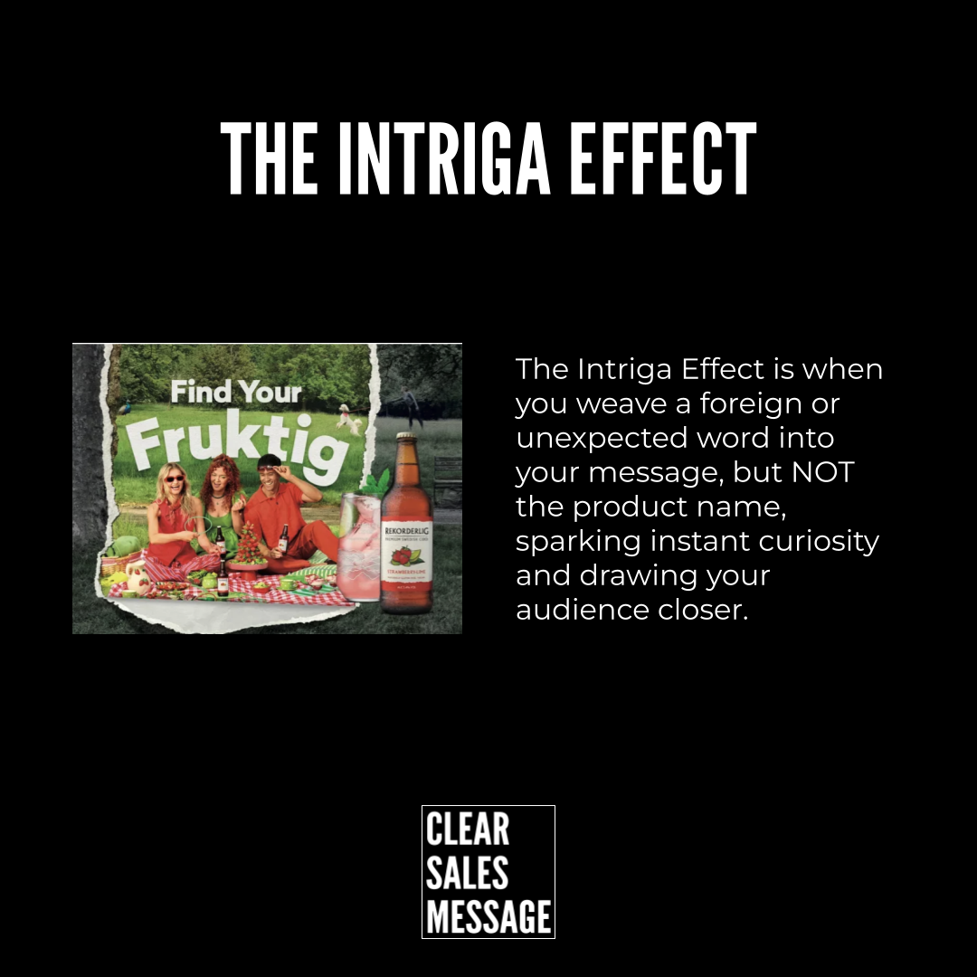 The intriga effect slide bold title with a collage image on the left and a description of the concept on the right plus a small brand logo below