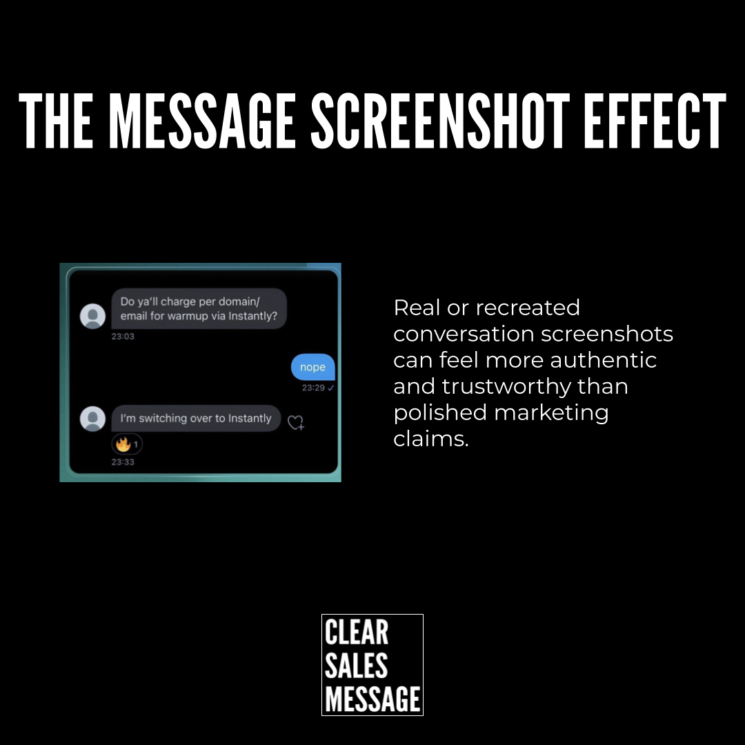 The message screenshot effect Concept slide showing the idea real or recreated chat screenshots feel more authentic than marketing claims with a sample conversation and the clear sales message logo