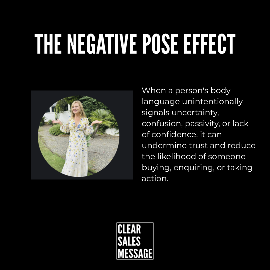 Slide titled the negative pose effect with a photo of a smiling woman in a circular crop on the left and explanatory text on the right about body language