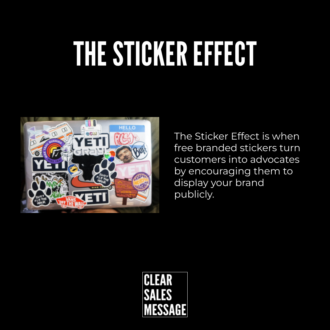 Black hero banner with title the sticker effect left sticker covered laptop right explanatory text about turning customers into advocates bottom logo