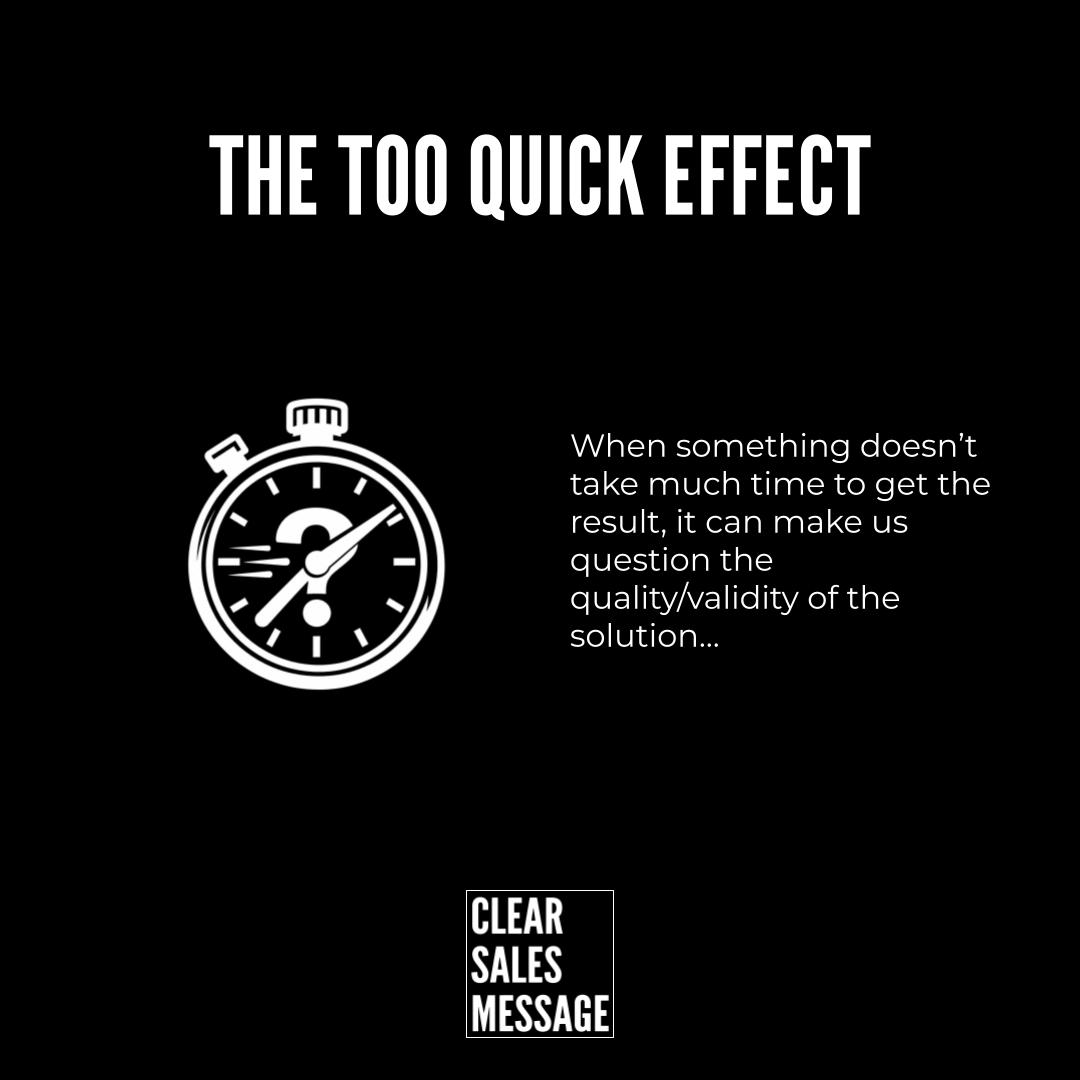 The too quick effect Slide titled the too quick effect with a stopwatch icon on the left and a paragraph about rushed results clear sales message logo at bottom center on a black background