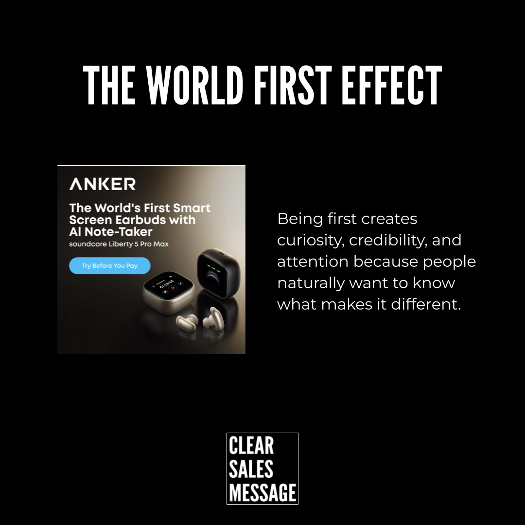 Hero banner with the title the world first effect featuring an anker earbuds ad on the left and a descriptive paragraph on the right plus a clear sales message logo at the bottom