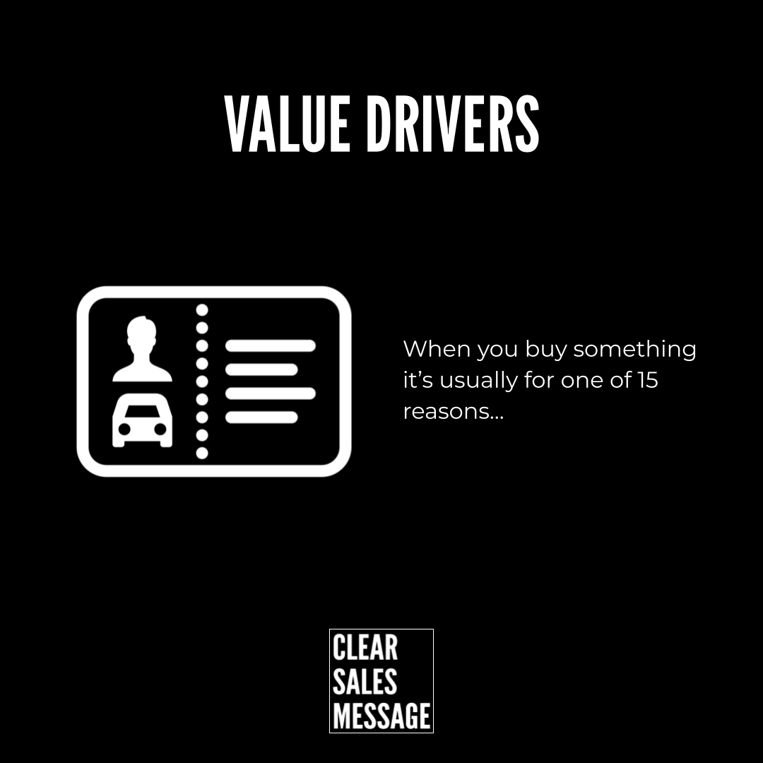 Slide titled value drivers on a black background with a white badge icon person and car and the caption about 15 buying reasons includes a small clear sales message logo at bottom