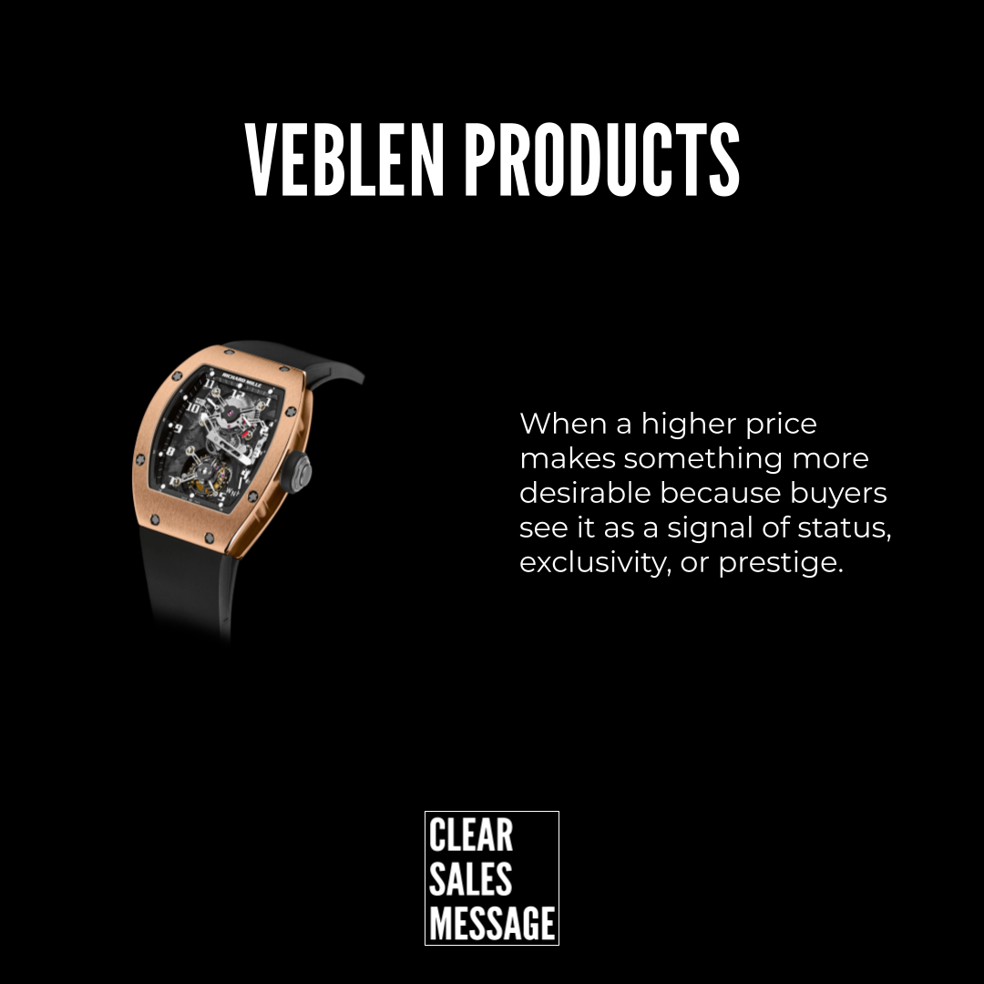 Black promotional ad with a rose gold watch on the left and a right side paragraph about price signaling and prestige clear sales message logo at bottom center