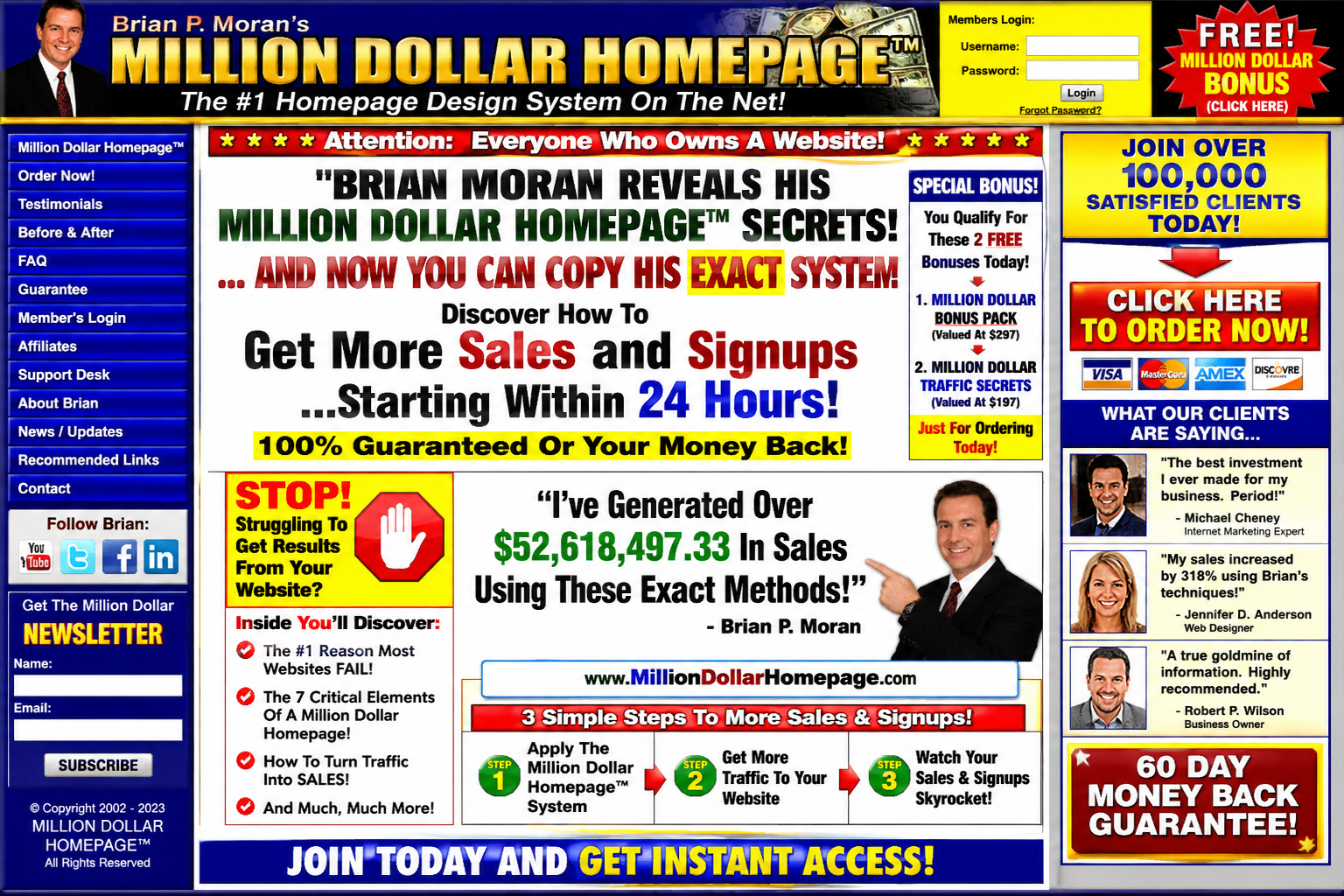 7f37e429 70d0 45bd 920a 9712f983ac99 Colorful advertising collage for brian morans million dollar homepage featuring bold headlines signup prompts testimonials and navigation panels