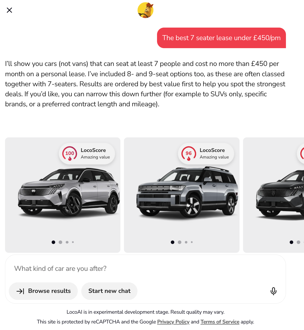 Ai assistant example car leasing conversational search results