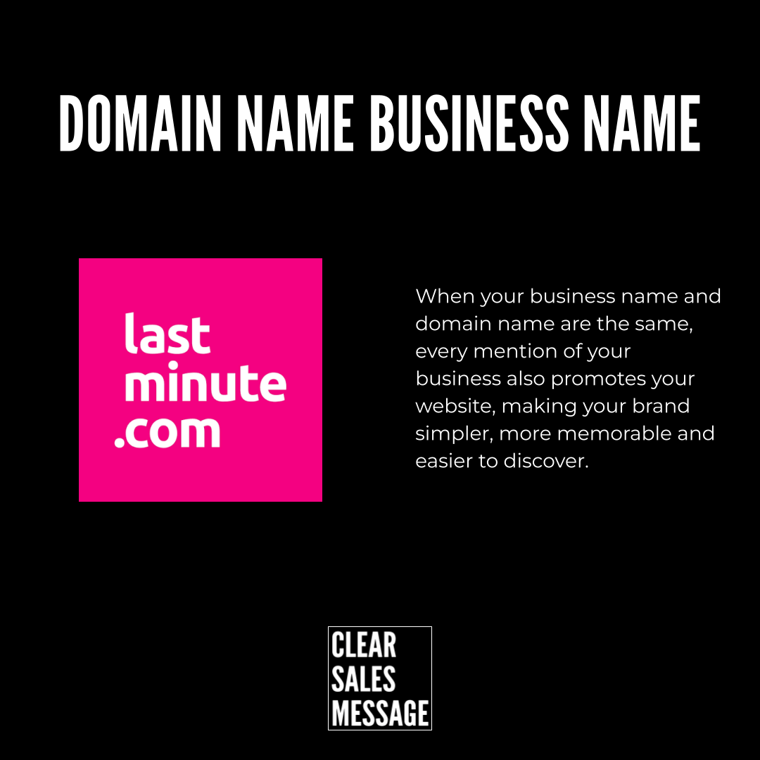 Black slide with a bold white headline domain name business name left shows a pink square logo lastminute Com and right a paragraph of white text bottom features a white outlined box reading clear sales message