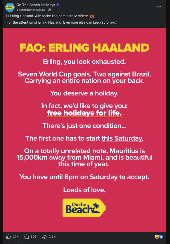 Tagging famous people example Bright pink promo image with bold yellow faq erling haaland headline and white text promising free holidays for life plus a saturday deadline and on the beach logo