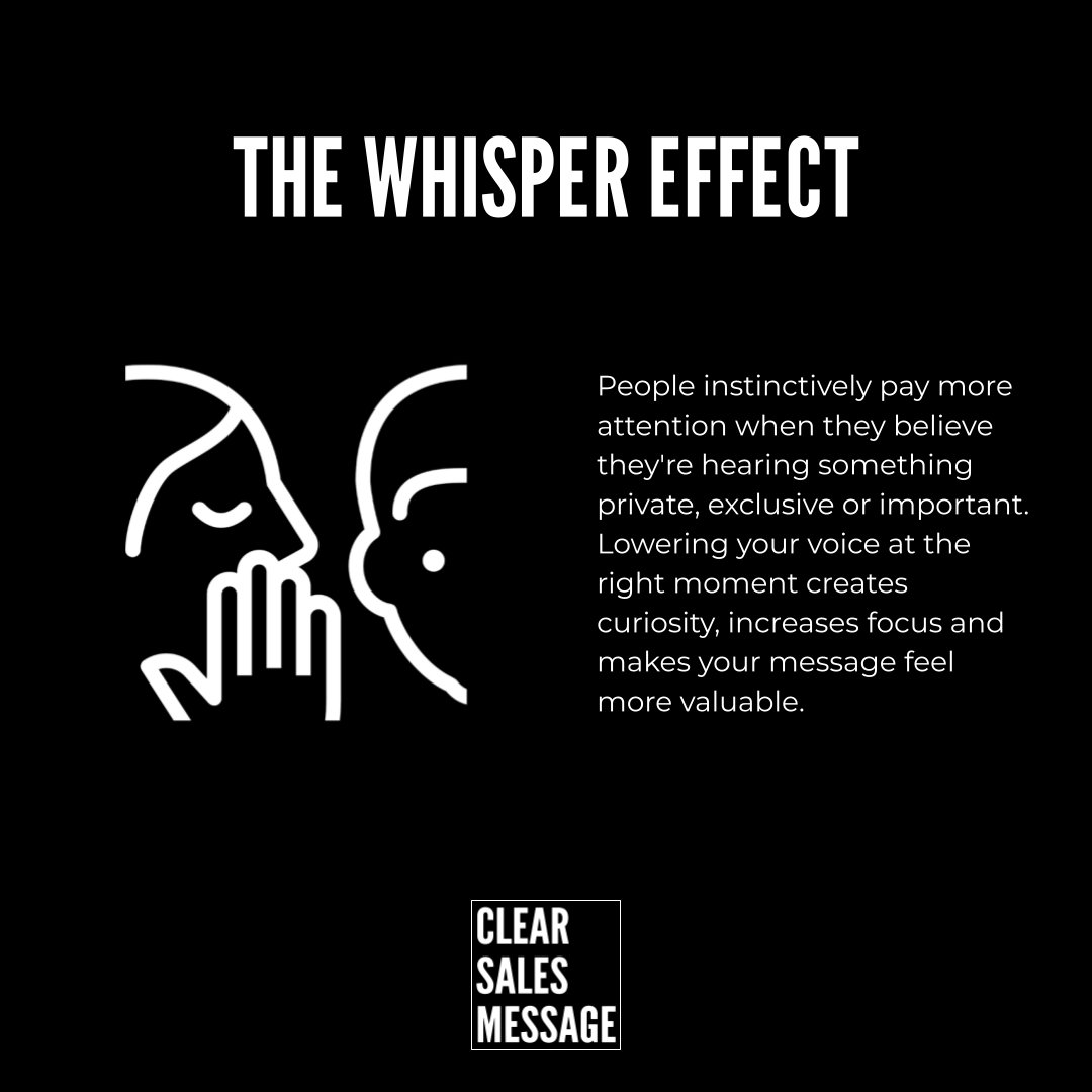 the whisper effect title with left side white line drawing of a person whispering to another on a black background right side contains a paragraph about whispering lowering voice increasing curiosity bottom small clear sales message logo
