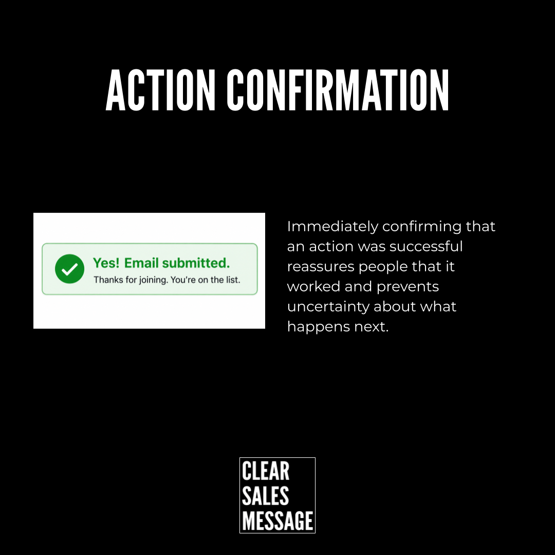 Action confirmation Action confirmation screen green success email submitted badge with accompanying reassuring text on the right and a small clear sales message logo below