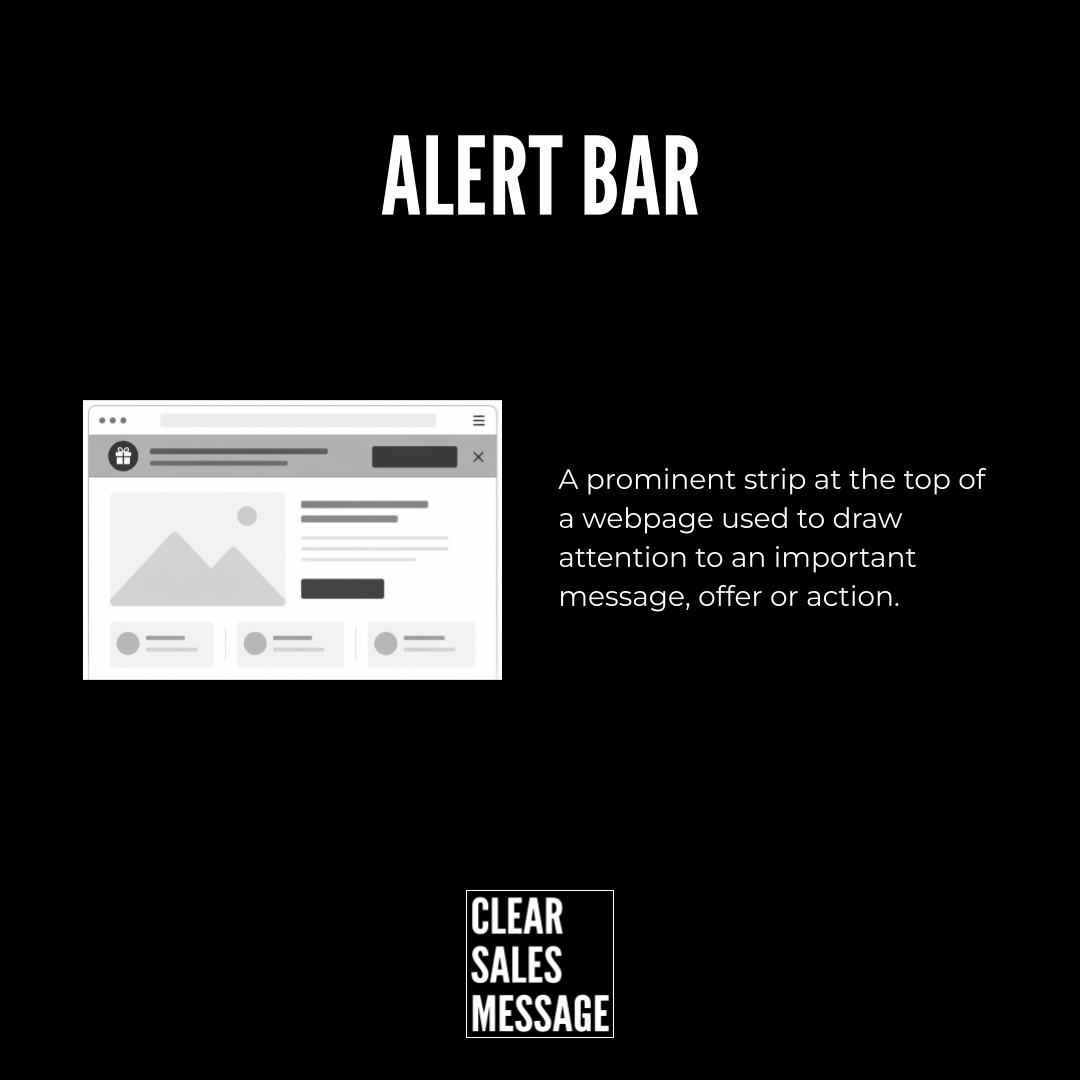 Alert bar Black page with alert bar headline a grayscale webpage mockup showing a top alert strip and a clear sales message logo at the bottom