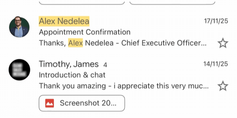 Inbox shows two emails 1 from alex nedelea with subject appointment confirmation on 171125 starred 2 from timothy james with introduction  chat on 141125 starred a screenshot 20  button is visible