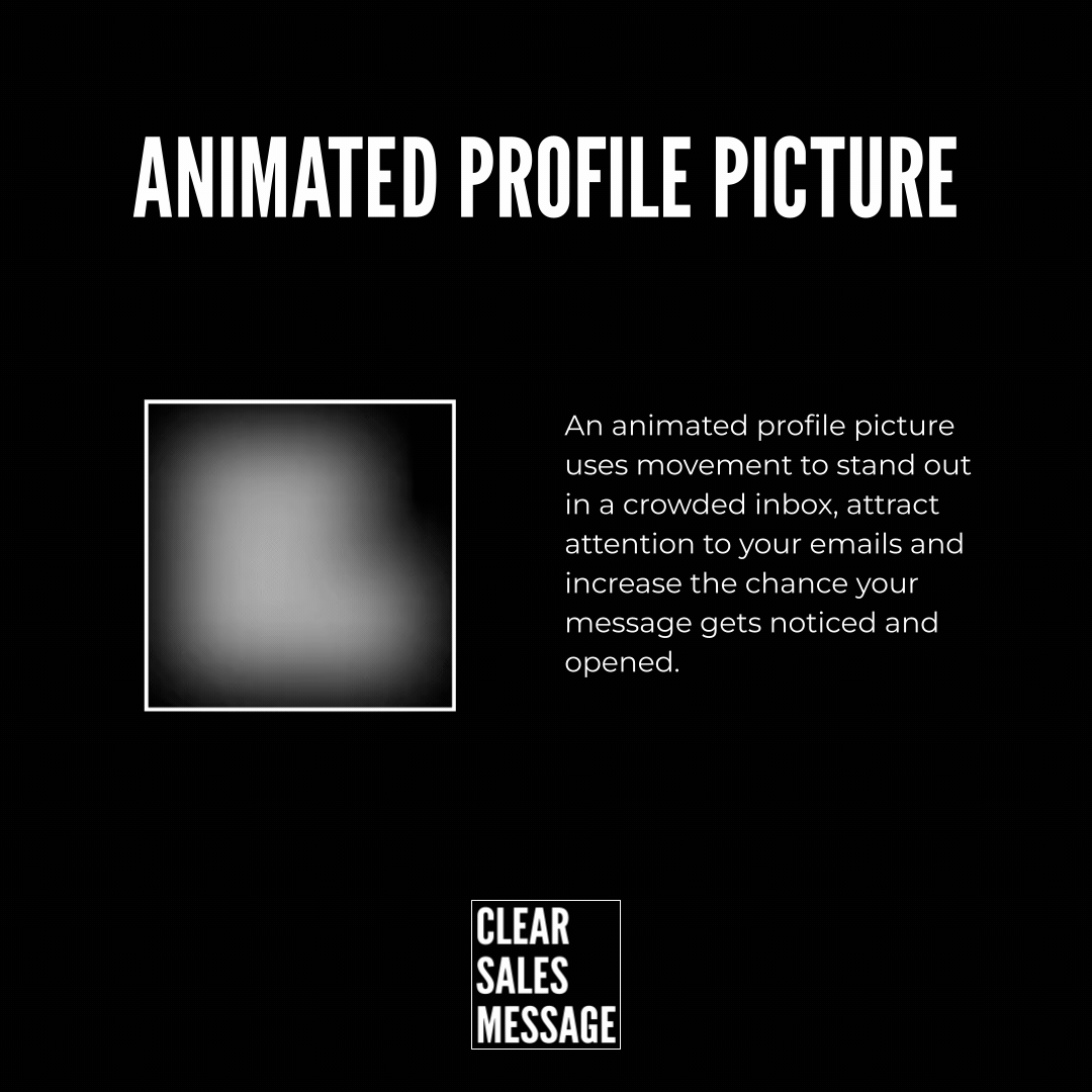 Dark gradient slide with title animated profile picture left a gray square placeholder right a descriptive paragraph about attracting attention bottom center clear sales message logo