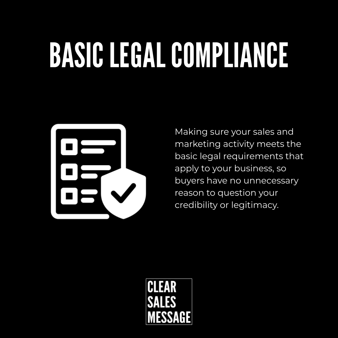 Basic legal compliance Slide title basic legal compliance with a checklist icon and shield on a black background plus body text about meeting legal requirements for credibility