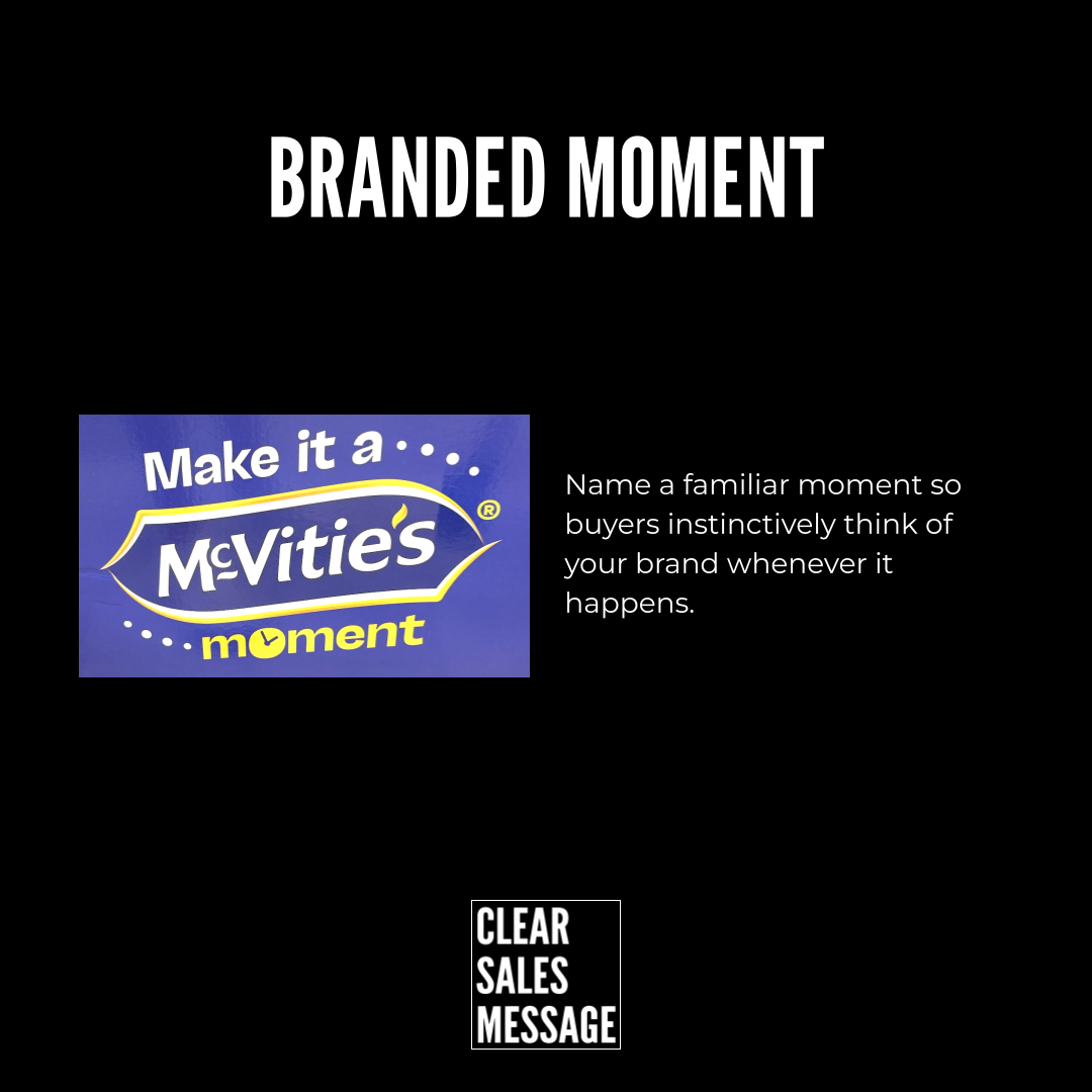 Slide titled branded moment showing the mcvitie's Moment logo and a caption about linking familiar moments to your brand.