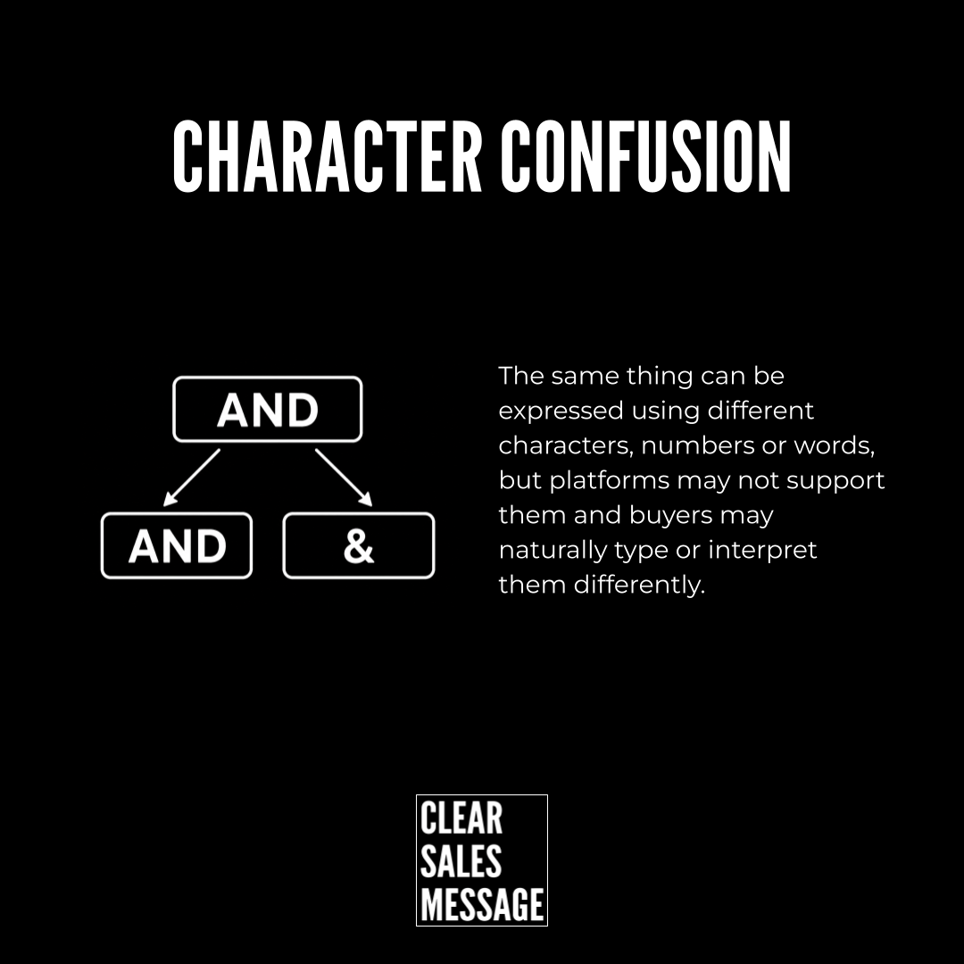 Black slide titled character confusion with an andampersand diagram and paragraph about characters plus a small clear sales message logo at bottom