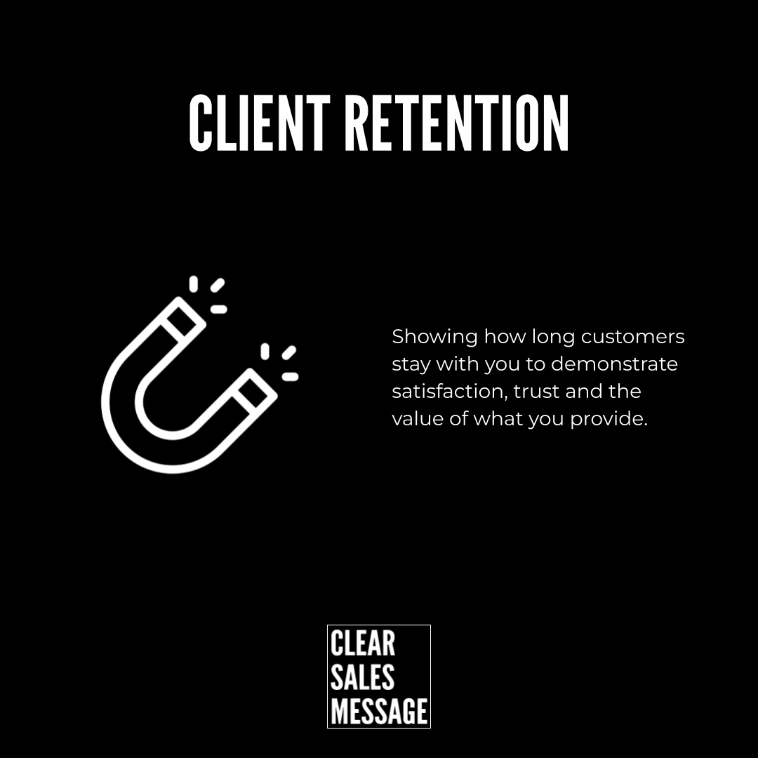 Client retention Black poster with the headline client retention a white magnet icon on the left and a right aligned paragraph about measuring customer stay plus a clear sales message logo at the bottom