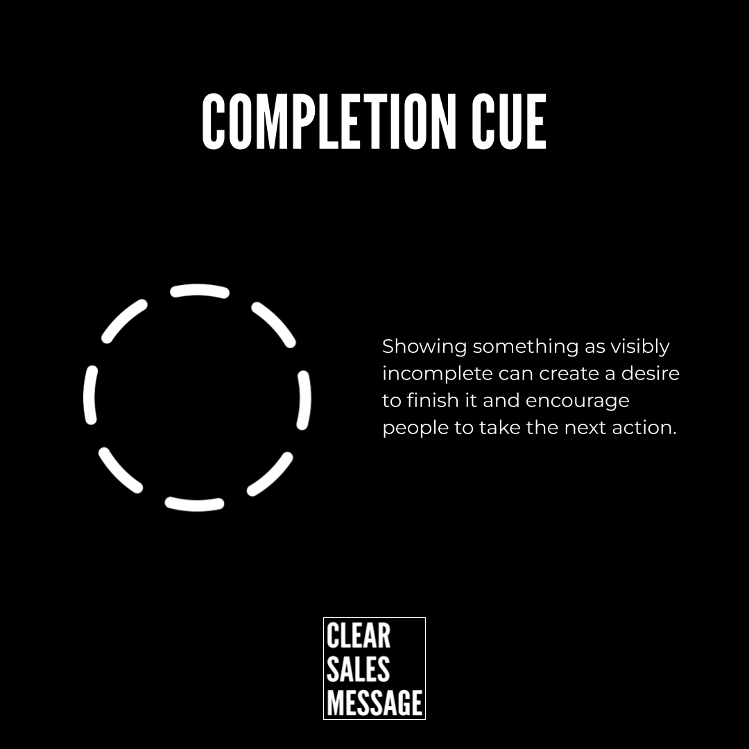 Black slide with the title completion cue a white circular dashed cue on the left and a right side explanation about how showing incompletion prompts action bottom logo clear sales message