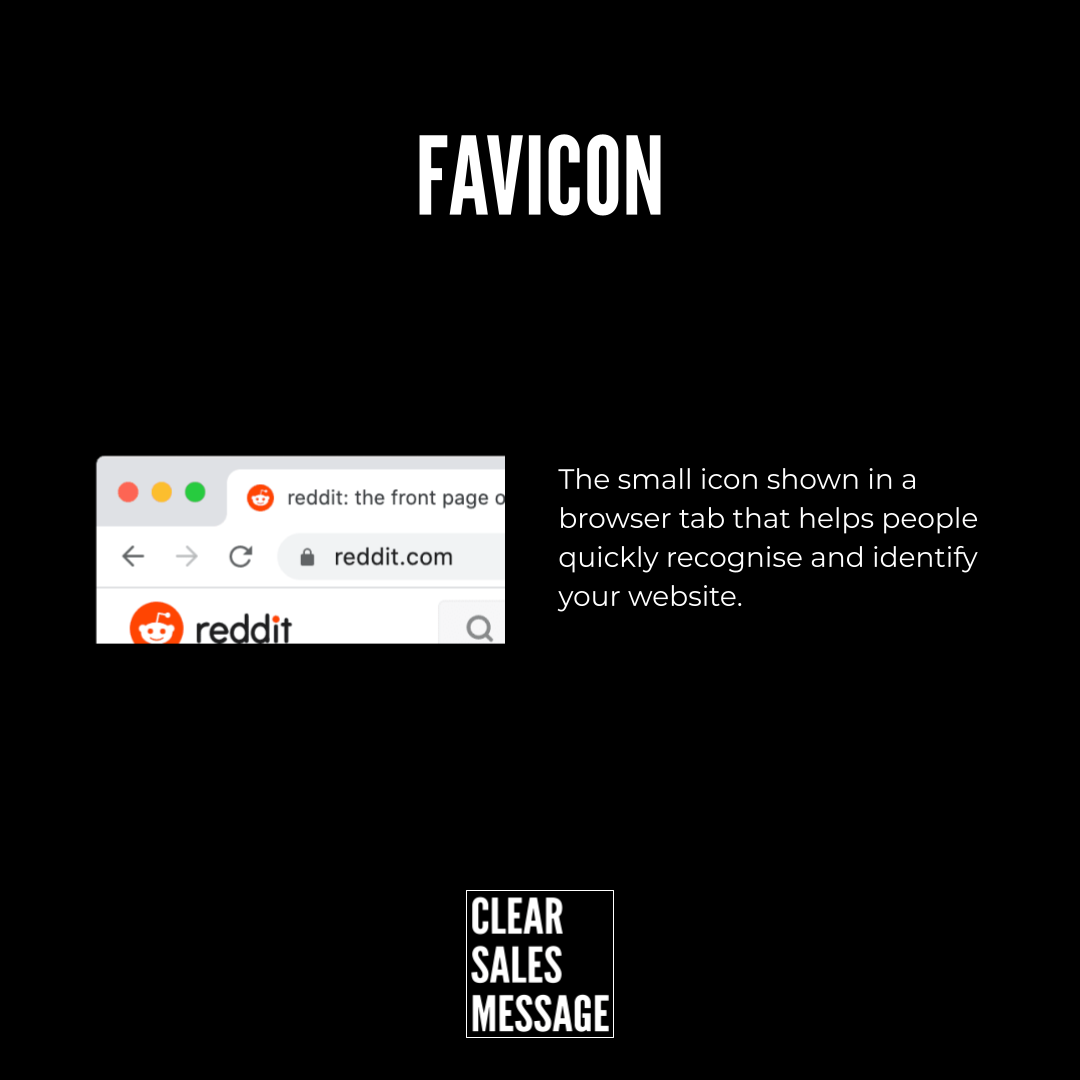 Infographic explaining favicon the small browser tab icon that helps identify a website shown with a browser image and caption