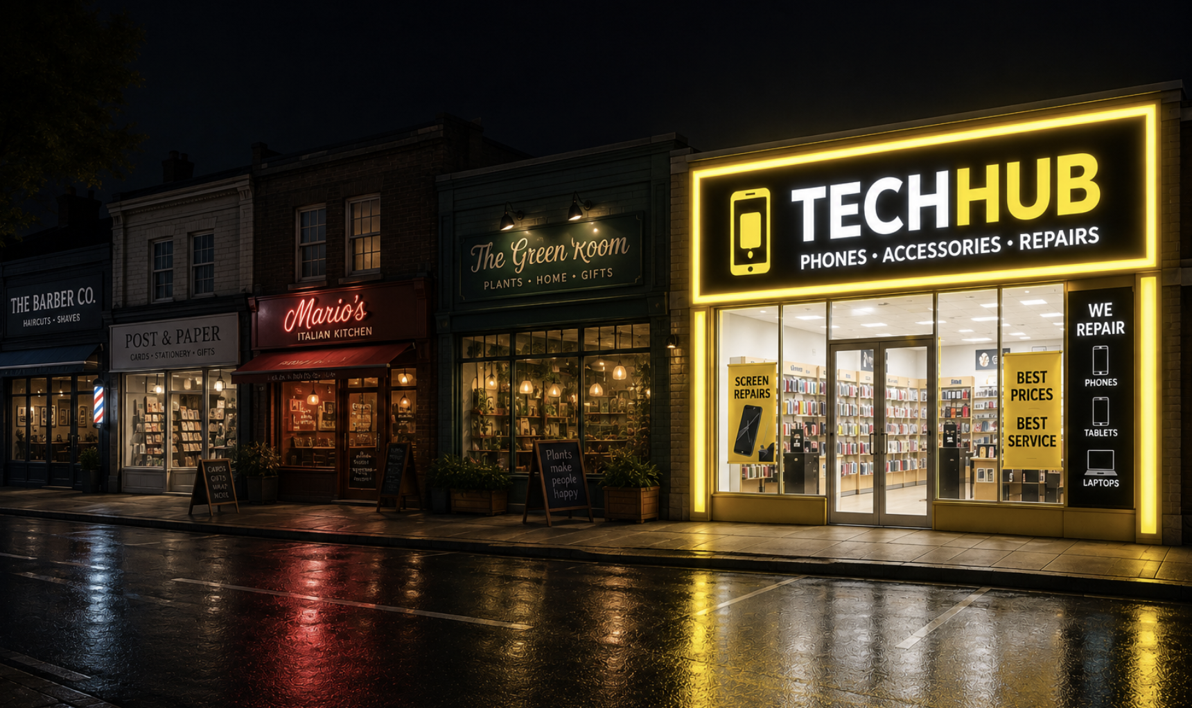 Night street scene with warmly lit storefronts including a bright techhub sign and wet reflections on the road at dusk