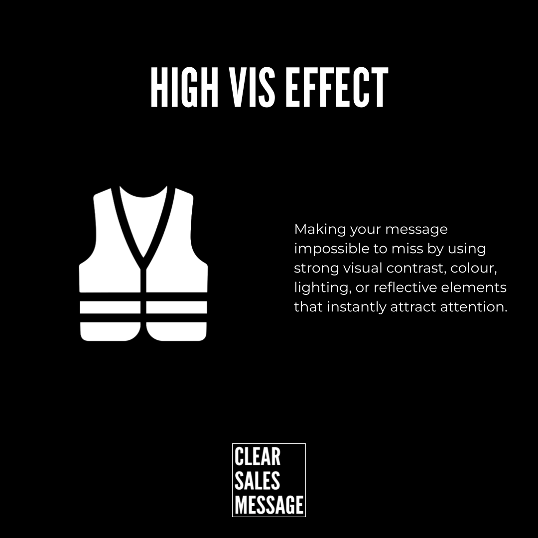 High visibility infographic about using bold contrast and reflective elements to attract attention with a safety vest icon and clear sales message logo