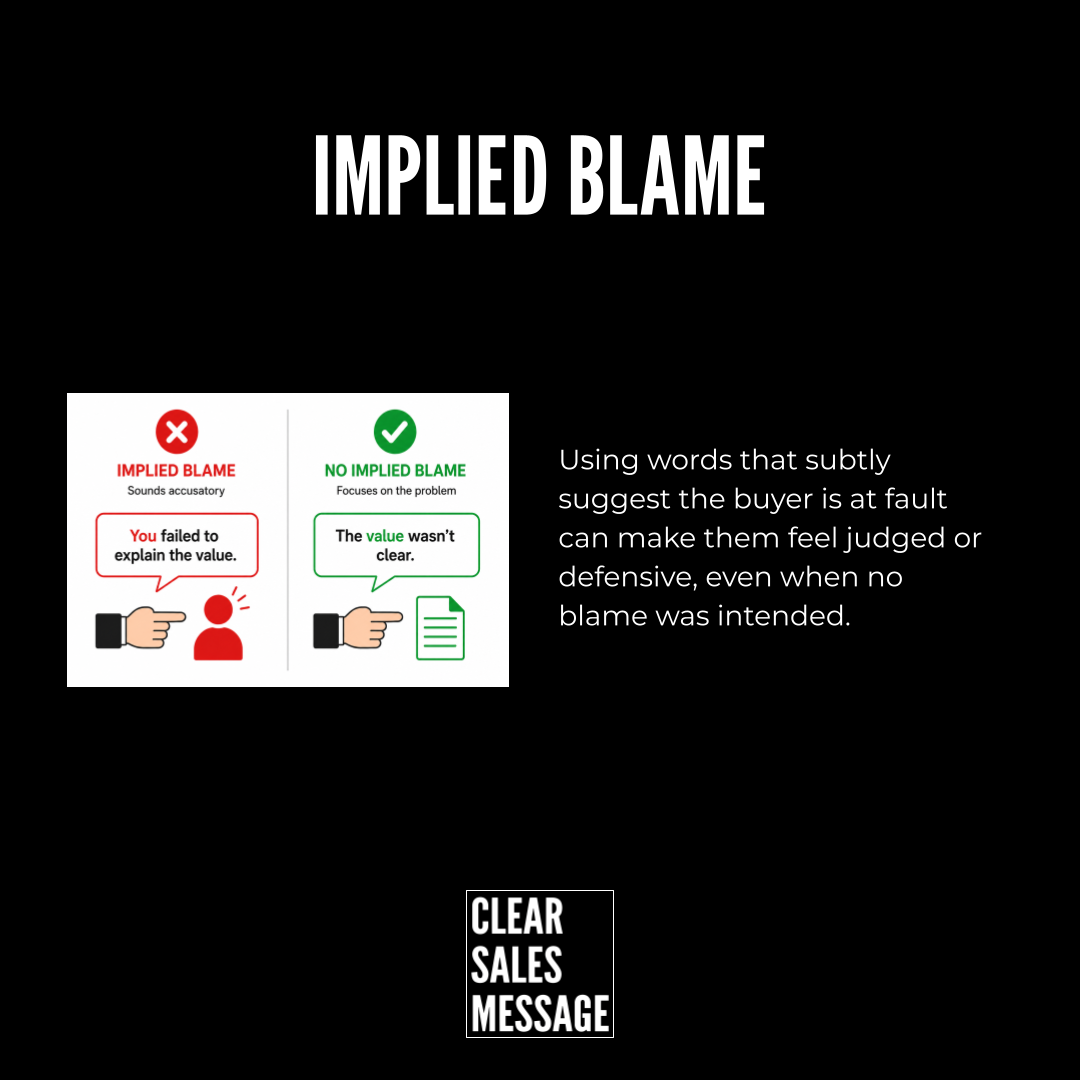 Implied blame Bold title implied blame with infographic about blame being placed on buyer and a contrasting green checkno blame example next to a paragraph about wording impact Context message clarity harms perception of blame in sales