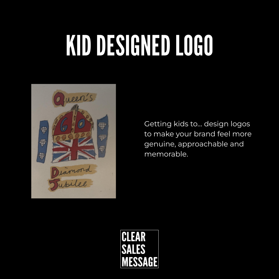 Hero banner black background with kid designed logo title left a childs hand drawn crownlogo right a short blurb about kids designing logos for brands