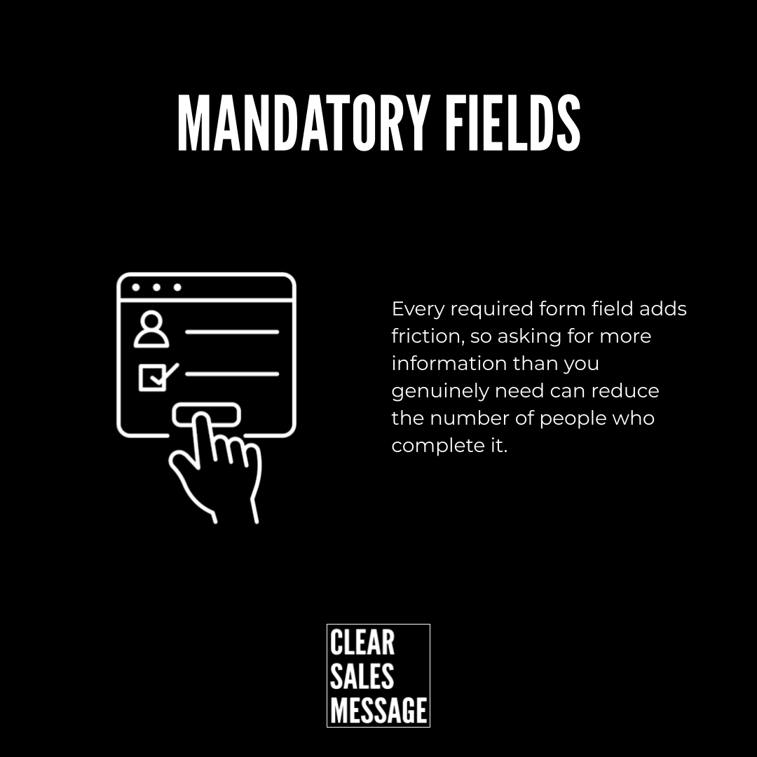 Slide title mandatory fields with an icon of a form and a clicking hand conveying friction from required forms Includes clear sales message logo at bottom