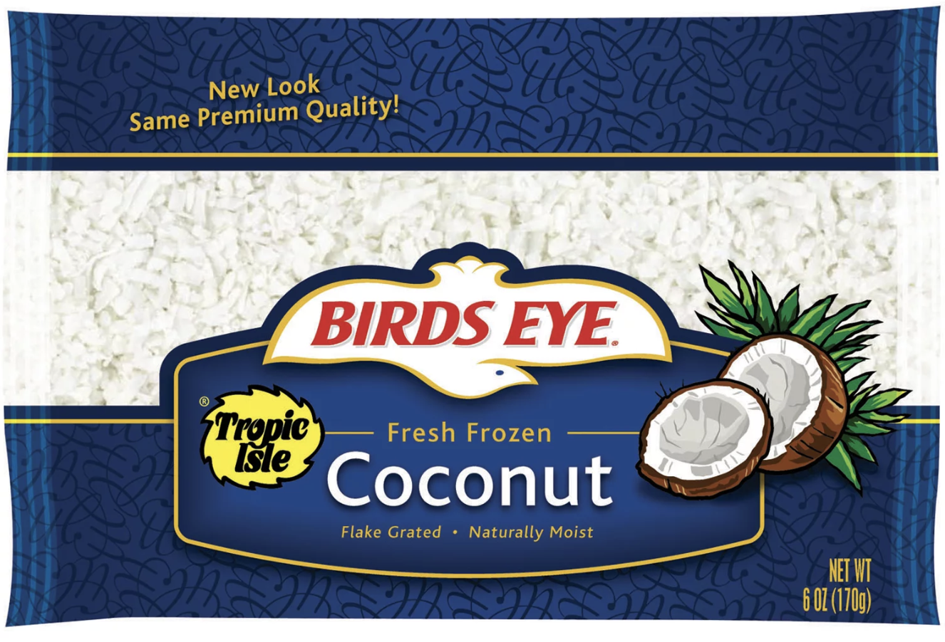 Oxymoron example Birds eye fresh frozen coconut flakes in a blue and white bag with a coconut illustration
