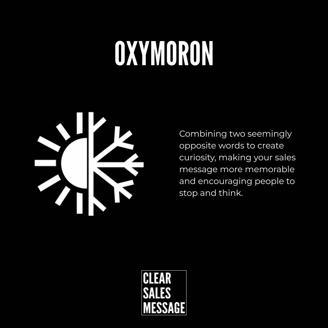 Oxymoron Top aligned oxymoron title with a white sun like icon on the left explanatory text on the right about combining opposite words and a small clear sales message logo at the bottom