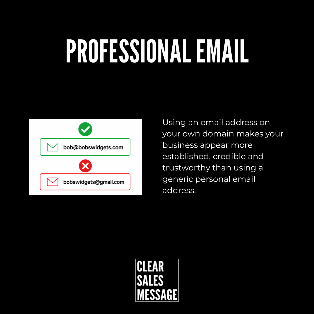 Slide about using a professional domain based email left shows a green check with bobbobswidgets Com right shows a red x with bobswidgetsgmail Com plus explanatory text