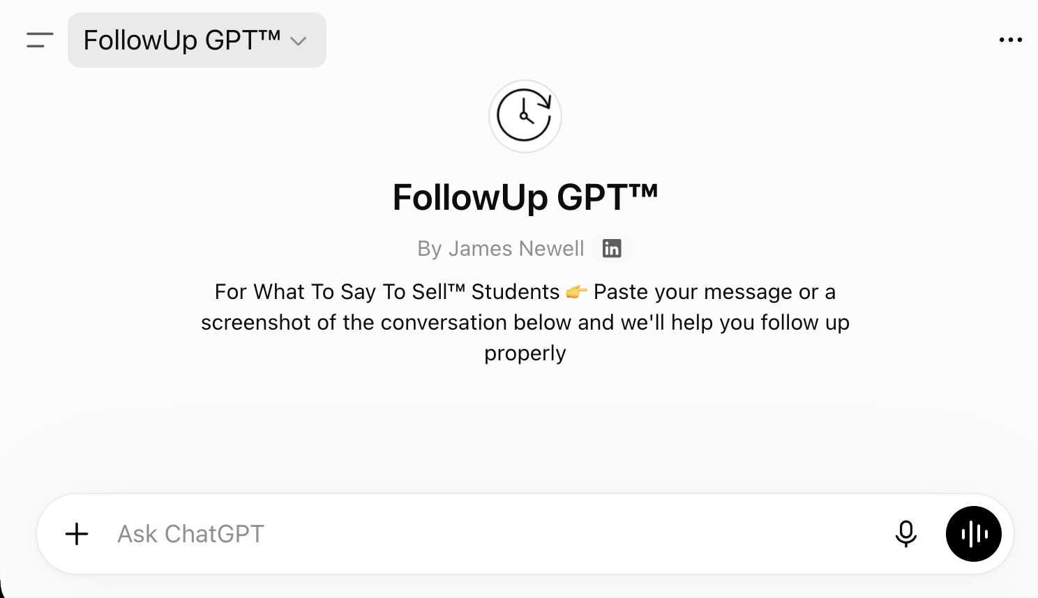 Screenshot 2026 08 01 at 100605 Hero screen for followup gpt with logo title and subtitle followup gpt by james newell and a message about helping follow up conversations with students